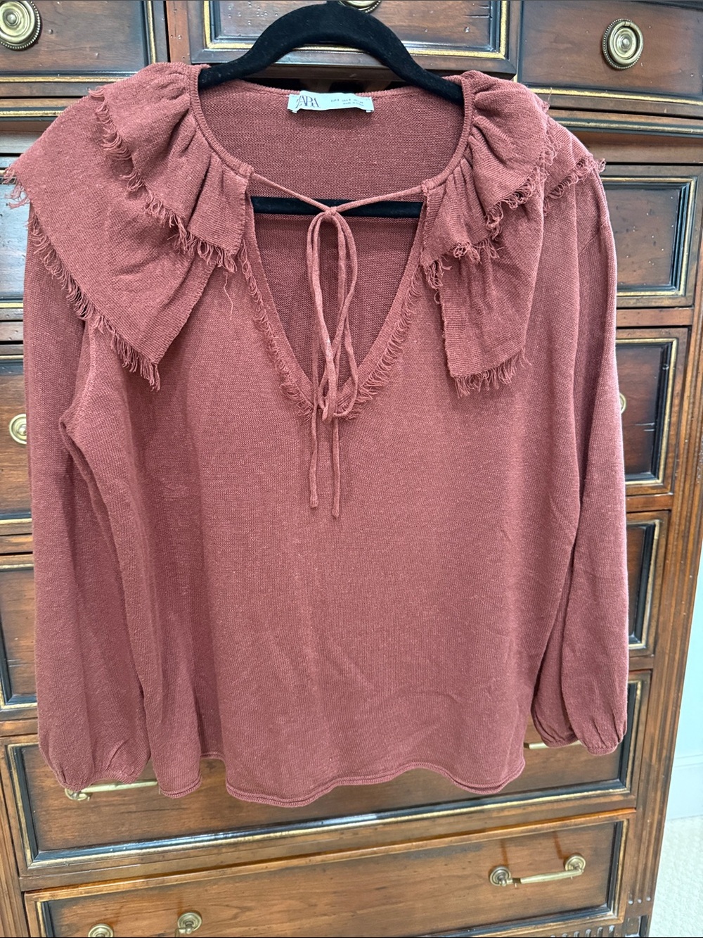 Zara rich brown Tie-Neck Ruffle Collar Tunic